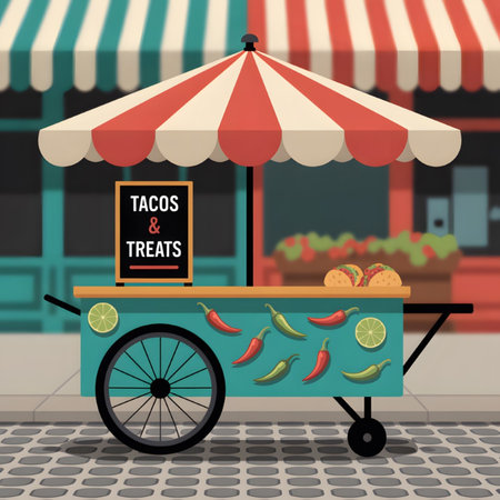 A teal-colored taco cart with a red and white striped umbrella sits on a cobblestone street in front of a building with striped awnings.  Chili peppers and lime slices decorate the cart.  Tacos are displayed on the counter. The style is flat vector illustration.のイラスト素材