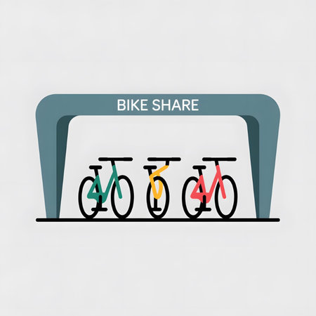 A simple line art illustration depicts three bicycles in teal green yellow and coral red parked under a teal bike share sign against a light gray background The style is minimalist and flatのイラスト素材