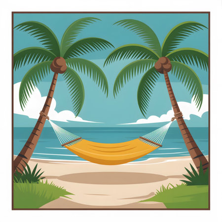 A stylized illustration depicts a yellow hammock strung between two palm trees on a sandy beach The ocean is a calm turquoise color The style is simple and flat with bold colors creating a relaxing moodのイラスト素材