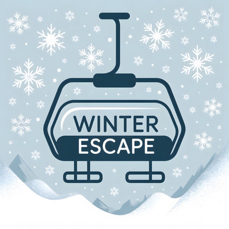 A stylized illustration depicts a ski lift gondola against a backdrop of snowy mountains and falling snowflakes The color palette is primarily blue and white with a minimalist line art style conveying a serene winter atmosphereのイラスト素材