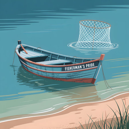 A teal and red wooden fishing boat named Fishermans Pride rests in calm aqua water near a sandy beach with beach grass The boat is small and shows signs of wear  An empty fishing net floats nearby The scene is tranquil and peacefulのイラスト素材