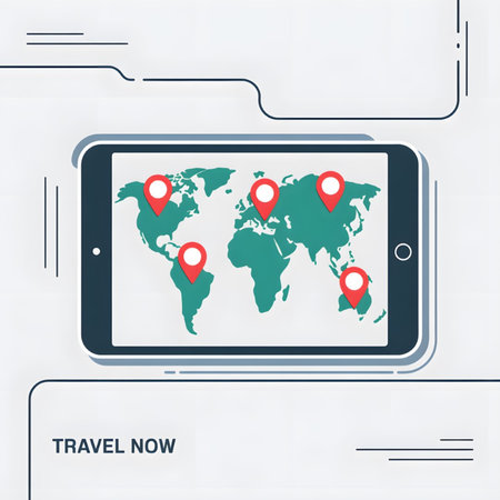 A dark gray tablet displays a teal world map with several red location pins indicating various destinations.  The text Travel Now is visible below. The style is minimalist and flat.のイラスト素材