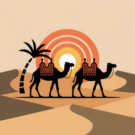 Two black camel silhouettes with orange patterned saddles walk across tan and brown desert dunes against a setting sun depicted as concentric orange circles. A single palm tree is visible to the left. The style is minimalist and geometric.のイラスト素材