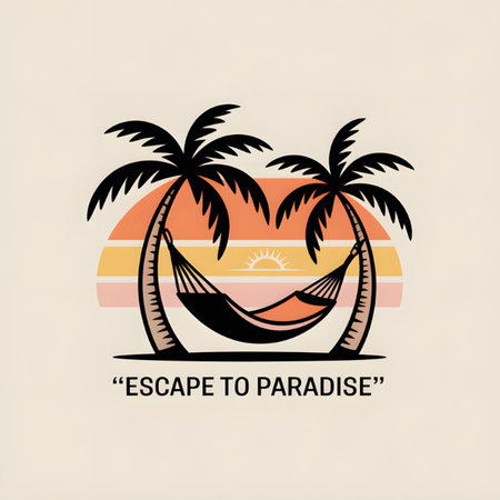 A stylized illustration depicts a hammock nestled between two palm trees against a sunset backdrop of orange yellow and pink hues The scene is set against a light beige background The overall style is minimalist and evokes a sense of tropical relaxationのイラスト素材
