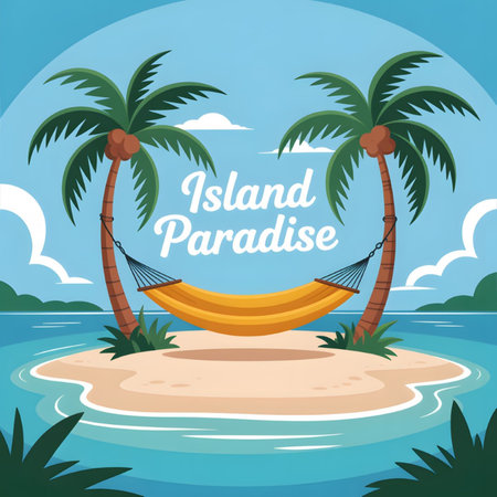 A cartoon illustration depicts a yellow hammock strung between two palm trees on a small sandy island surrounded by turquoise water under a bright blue sky with fluffy white clouds The scene evokes a feeling of tropical relaxation and vacationのイラスト素材