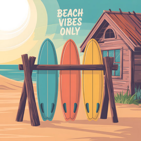 Three surfboards in teal orange and yellow stand on a rustic wooden rack on a sandy beach near a small wooden beach house The scene is set at sunset or sunrise with warm pastel colors and a calm moodのイラスト素材