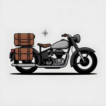 Side profile illustration of a vintage grey motorcycle with brown leather saddlebags and a top case that reads Wanderlust.  A small compass icon is in the upper right corner. The background is light grey. The style is simple and clean.のイラスト素材