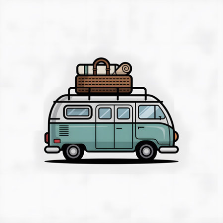 A teal vintage camper van with a white roof is illustrated against a light background It has a roof rack carrying a brown wicker picnic basket a blanket and a rolled towel The style is simple and flat with bold outlinesのイラスト素材