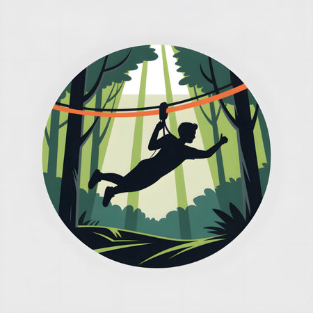 A stylized illustration depicts a man's silhouette ziplining through a sun-dappled forest.  The vibrant greens of the foliage contrast with the orange zipline and the dark silhouette of the person. The style is graphic and bold.のイラスト素材