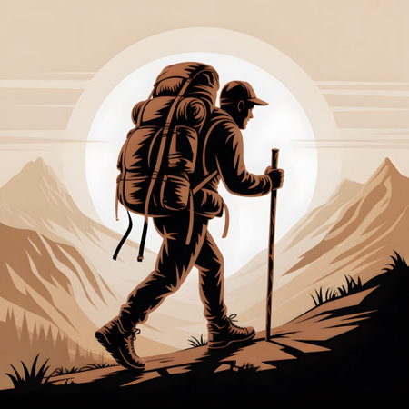 A stylized silhouette of a hiker with a large backpack ascends a mountain trail against a sunset backdrop of brown and beige mountains. The style is reminiscent of vintage illustrations.のイラスト素材