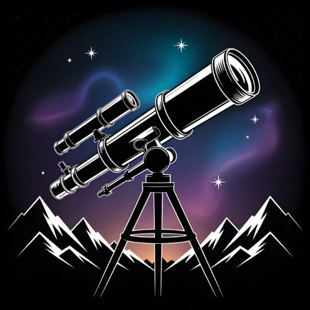 A black and white illustration depicts a refracting telescope on a tripod silhouetted against a night sky. The sky displays hues of purple and blue, suggestive of an aurora borealis.  A stylized mountain range is visible in the foreground. The overall style is vintage and graphic.のイラスト素材
