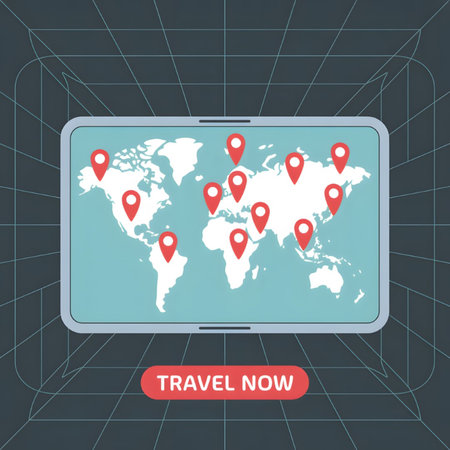 A flat design illustration shows a tablet displaying a light teal world map with numerous red location pins scattered across the continents A red Travel Now button is positioned below the tablet against a dark grid background The style is minimalist and simpleのイラスト素材