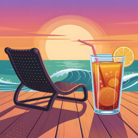 A vector illustration depicts a tranquil beach scene at sunset.  A glass of iced tea with an orange slice sits on a wooden deck next to a modern black lounge chair. The ocean waves are gently rolling in the background. Warm sunset colors dominate the scene.のイラスト素材