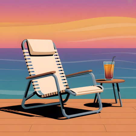 A beige folding chair sits on a wooden deck overlooking a calm ocean at sunset.  An orange drink rests on a small side table nearby. The scene is peaceful and serene with warm sunset colors.のイラスト素材