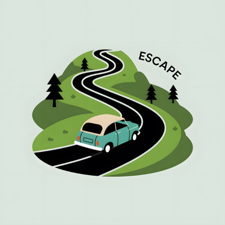 A teal vintage car drives along a black winding road up a green hillside.  Simple green trees and the word ESCAPE are included. The style is minimalist and illustrative.のイラスト素材