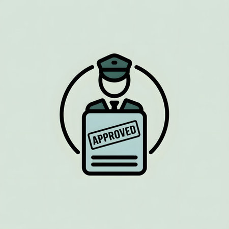 A simple flat design icon depicts a person in a cap holding a document marked APPROVED in teal and...