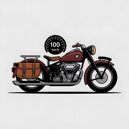 Illustration of a maroon vintage motorcycle with brown leather saddlebags A speedometer shows 100 kmh The motorcycle is depicted against a light gray background The style is simple and cleanのイラスト素材