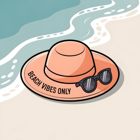 A cartoon illustration depicts a peach-colored sun hat with the words Beach Vibes Only on the brim...