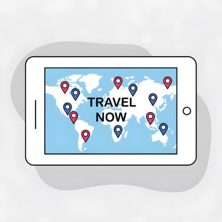 A white tablet displays a simplified light blue world map with numerous red and blue location pins scattered across it The words Travel Now are centrally positioned The style is minimalist line artのイラスト素材