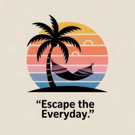 A stylized illustration depicts a black silhouette of a palm tree and hammock against a retro sunset backdrop of horizontal pastel stripes in orange pink yellow and blue hues The text Escape the Everyday is featured below.のイラスト素材