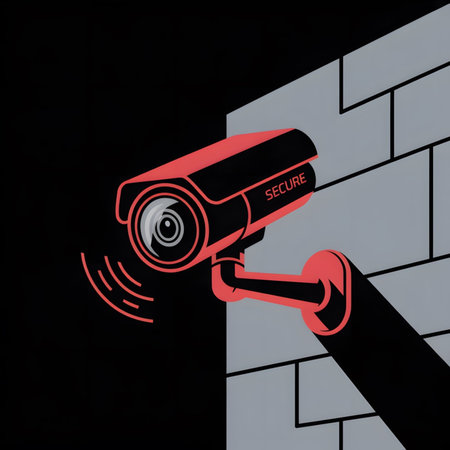 A red security camera is mounted on a gray brick wall against a black background.  The camera displays the word SECURE and emits a red alert signal. The style is minimalist and graphic.のイラスト素材