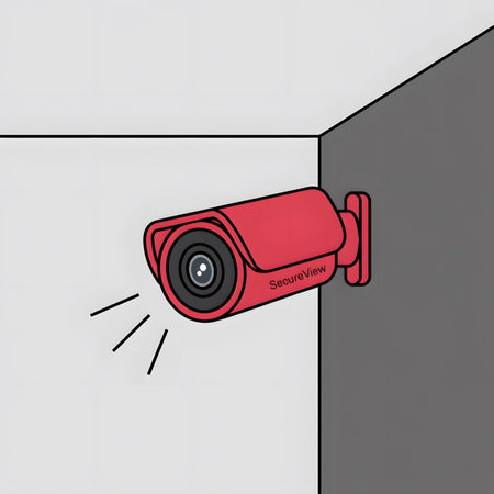 Illustration of a red SecureView security camera mounted in a corner of a gray wall. The camera is depicted in a simple line art style with a red casing and black lens.  Light beams emanate from the camera lens.のイラスト素材