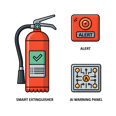 A flat design illustration showing a red smart fire extinguisher with a green check mark a grey AI warning panel with an orange flame icon and a red alert box The style is simple and clean with bold outlinesのイラスト素材