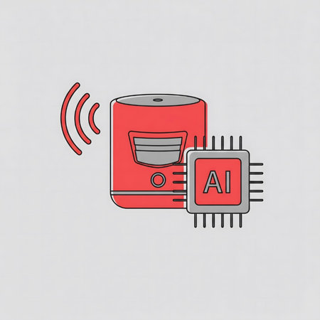 A flat design illustration depicts a red cylindrical smart device emitting wireless signals next to a gray AI microchip.  The style is simple and minimalist with clean lines and solid colors.のイラスト素材