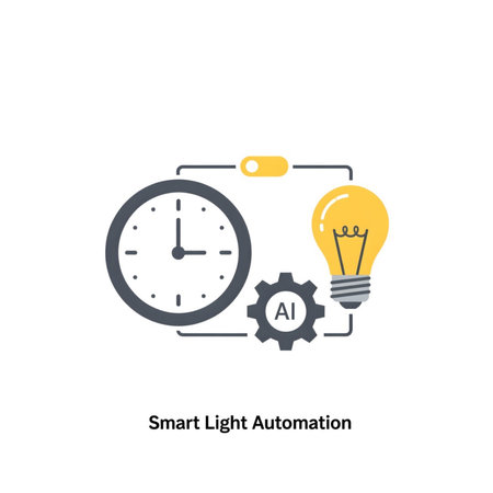 A flat design illustration depicts a clock a gear labeled AI and a lightbulb connected by simple lines suggesting a smart home automation system The color palette is limited to yellow gold gray and dark gray conveying a clean and minimalist aestheticのイラスト素材