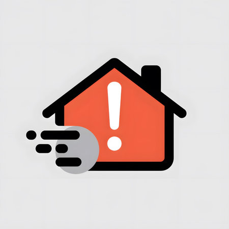 A simple graphic depicts a red house icon with a white exclamation mark inside.  A gray motion blur effect is to the left, suggesting urgency. The style is flat and minimalist.のイラスト素材