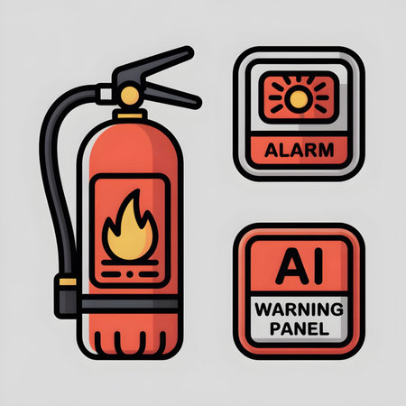 A flat style illustration featuring a red fire extinguisher with a yellow flame icon a square alarm icon and a square AI warning panel icon all against a light gray background.  The style is clean and simple with bold outlines.のイラスト素材