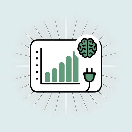 A sage green bar graph shows ascending growth on a white tablet screen. A light green brain icon and plug icon are next to it. The style is minimalist with a pale blue background and radiating lines.のイラスト素材