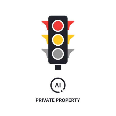 A simple flat design illustration depicts a traffic light with red yellow and grey lights against a white background  Below the traffic light are the words Private Property and an AI symbol. The style is minimalist and vector based.のイラスト素材