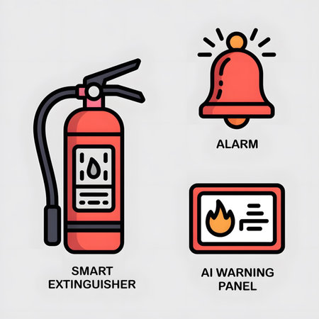 A flat design illustration depicting a red smart fire extinguisher, an AI warning panel displaying a flame icon, and a red bell icon representing an alarm.  The style is simple with black outlines and minimal detail.のイラスト素材