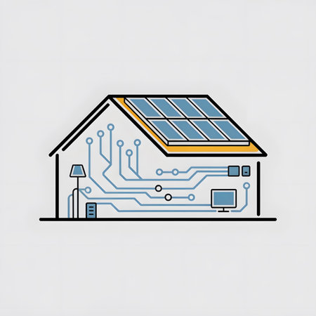 Line art illustration depicting a house with solar panels on the roof and internal circuitry representing a smart home system The color palette includes blue gray and yellow The style is simple and cleanのイラスト素材