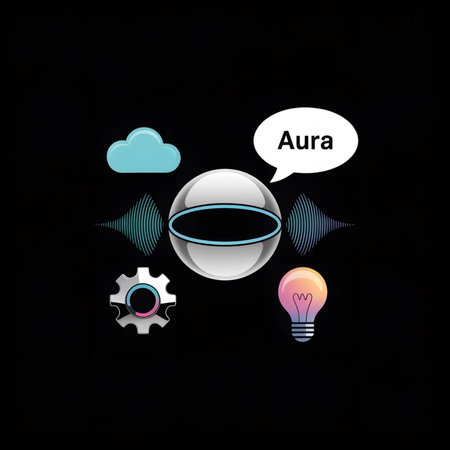 A silver sphere with a teal ring is centrally positioned against a black background surrounded by sound waves a lightbulb a gear a cloud and a speech bubble reading Aura The style is minimalist and uses pastel colorsのイラスト素材
