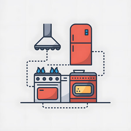 A stylized illustration depicts a red refrigerator, oven, and stovetop with a gray range hood connected by dashed lines. The design is minimalist with clean lines and flat colors.  Blue flames are shown on the gas stovetop.のイラスト素材