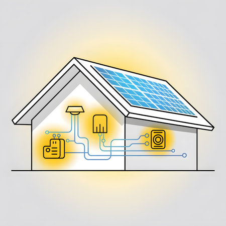 Line art illustration depicting a house with solar panels on the roof and a simplified internal network showing connected devices like a security system and audio speaker highlighted in yellow against a gray background.  The style is clean and minimalist.のイラスト素材