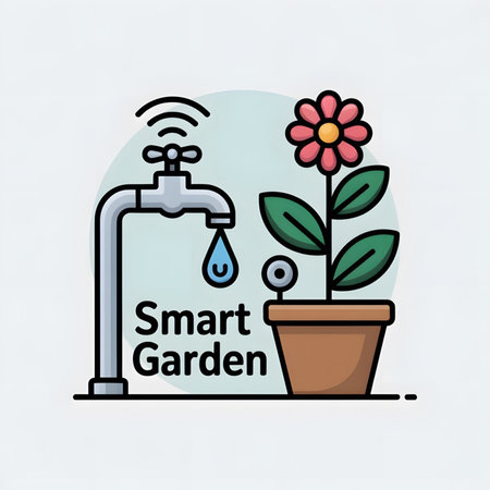 A digital illustration depicts a silver faucet dispensing a water drop next to a potted plant with a pink flower and green leaves A wireless sensor icon is near the plant The style is flat and clean with bold outlinesのイラスト素材