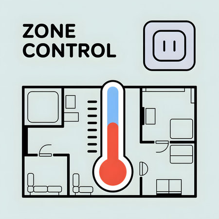 A simplified line drawing of an apartment floor plan overlaid with a large thermometer showing a mix of red and blue indicating temperature zones.  A power outlet symbol is also included. The style is minimalist and flat.のイラスト素材