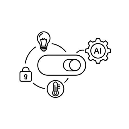 Black and white line art illustration depicting a toggle switch surrounded by icons representing AI a lightbulb a lock and a thermometer suggesting smart home control.  The style is simple and minimalist.のイラスト素材