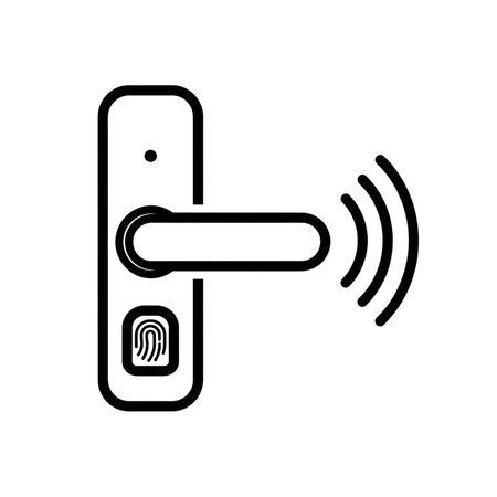 A black outline illustration depicts a smart door handle featuring a fingerprint scanner and wireless signal waves.  The style is minimalist and clean against a white background. The image is a vector graphic suitable for various applications.のイラスト素材
