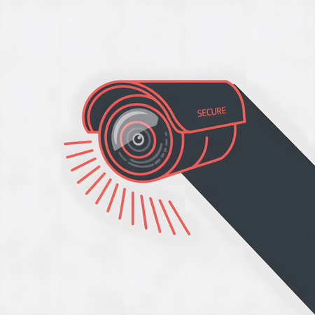 A stylized illustration depicts a dark gray security camera with red outlines and a red SECURE label...