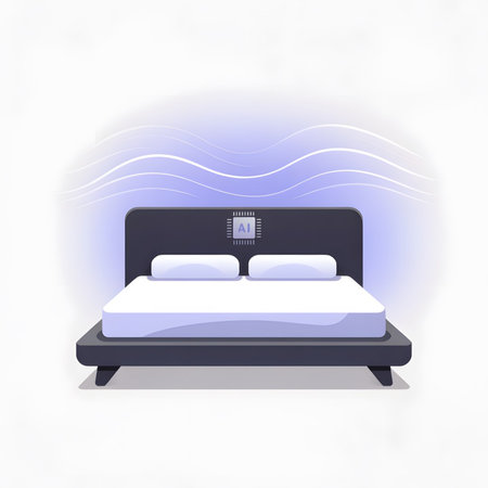 Illustration of a dark gray modern bed with a white mattress and two pillows against a soft lavender background featuring white wave patterns An AI chip symbol is displayed on the headboardのイラスト素材