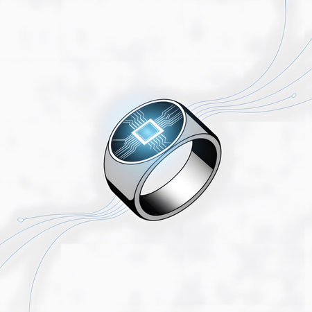 A silver smart ring is shown in an isometric view against a white background  The ring features a...