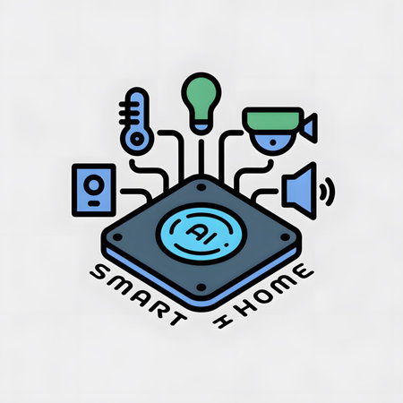 Isometric illustration depicting a smart home system controlled by an AI powered central hub.  The design features a dark gray central panel with blue accents and connected icons representing a lightbulb, thermostat, security camera, speaker, and wall switch in shades of blue and green.のイラスト素材