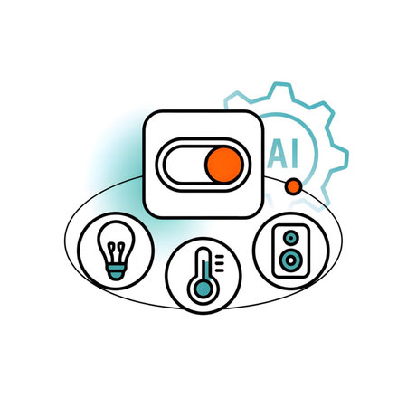 A stylized illustration depicts a smart home system interface featuring a central toggle switch in orange and white surrounded by icons for a lightbulb thermometer and speaker connected by lines to a teal AI gear The background is white with a subtle teal gradientのイラスト素材