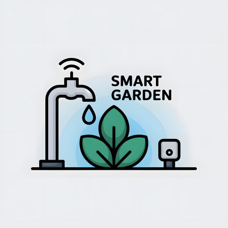A vector illustration depicts a smart garden irrigation system A silver smart faucet waters a green plant A small sensor device is also shown The background is light blue and the style is minimalistのイラスト素材