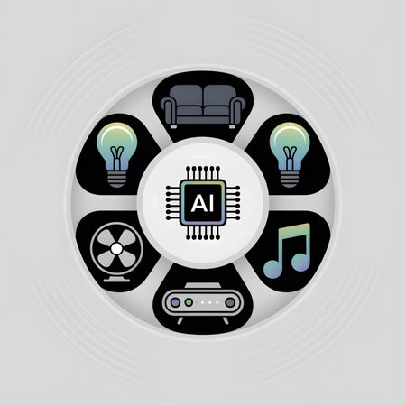 A circular graphic illustration depicts a smart home AI system control panel featuring icons for light bulbs a fan a couch music notes and a central AI microchip all set against a grey background with concentric circles.  The style is simple and clean.のイラスト素材