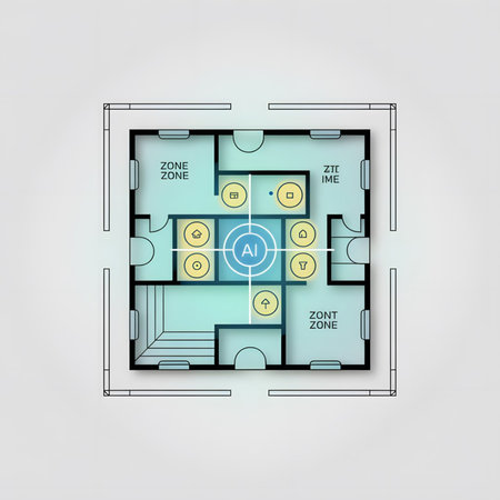 A top-down view of a smart home floor plan illustrating AI-powered zone control The plan uses teal and yellow highlights to indicate different zones within the house  Simple line drawings represent rooms and smart devicesのイラスト素材